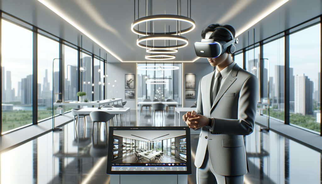 Agent immobilier moderne utilisant un casque de réalité virtuelle dans un bureau minimaliste avec vue sur la ville et présentations holographiques de propriétés.