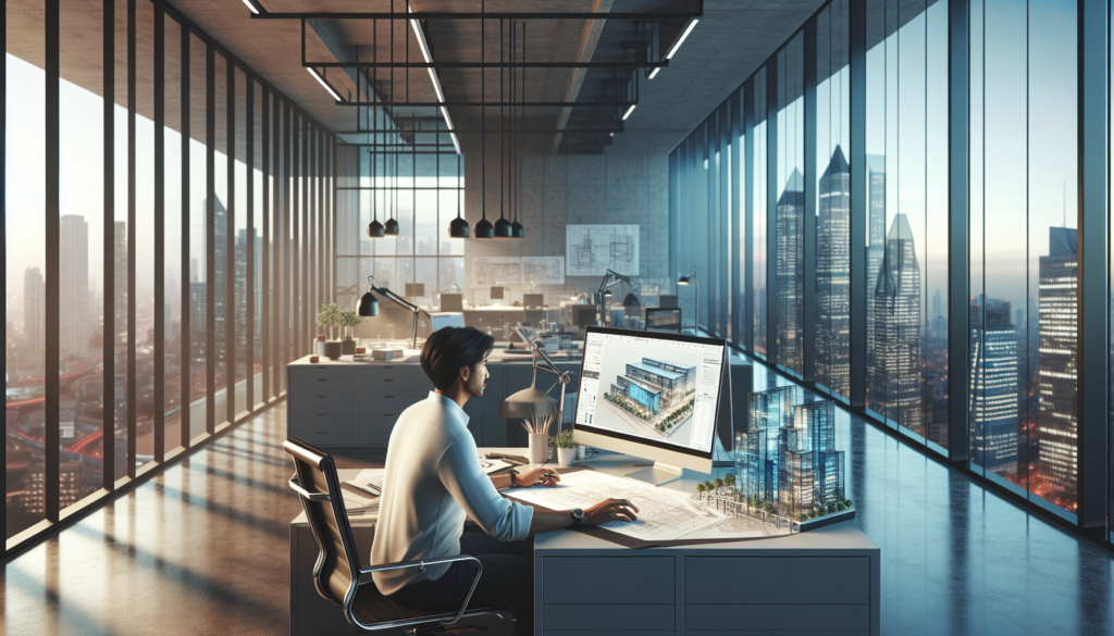 Bureau moderne d'un architecte avec un designer travaillant sur AutoCAD, affichant un plan DWG détaillé, entouré de modèles architecturaux et de rendus 3D, avec des murs en verre et une vue sur des gratte-ciels urbains.