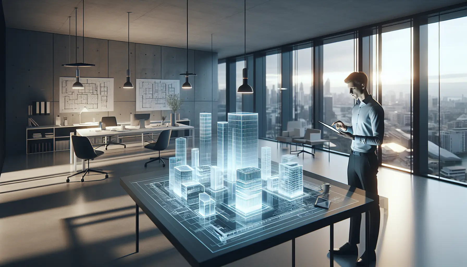 Espace de bureau architectural contemporain avec un architecte utilisant une tablette pour visualiser des modèles 3D en réalité augmentée, avec vue sur la ville en arrière-plan et des plans architecturaux sur la table.