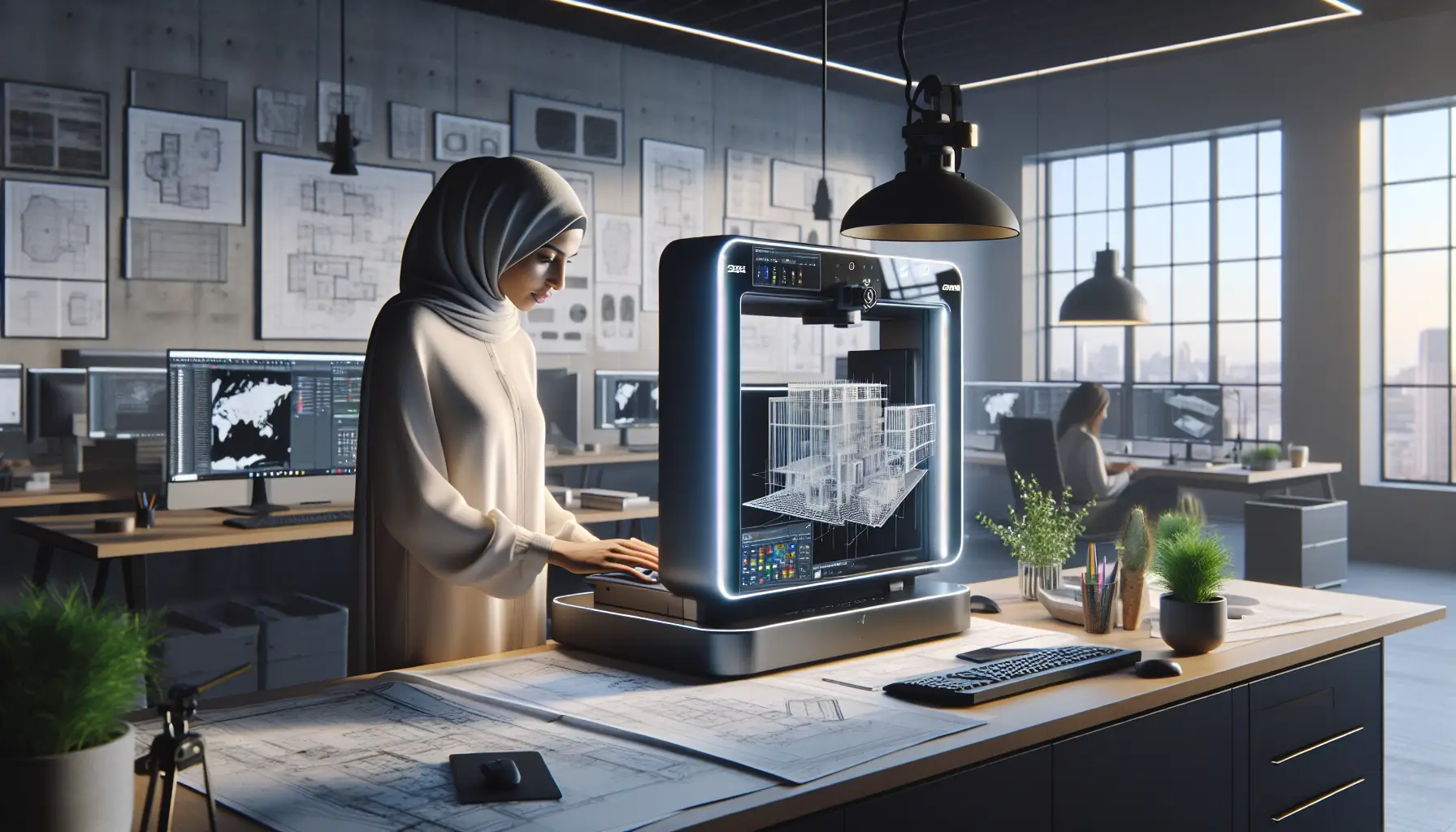 Bureau moderne d'architecture avec un professionnel utilisant un scanner 3D, affichant des modèles et logiciels BIM sur des écrans d'ordinateur, dans un environnement minimaliste et lumineux.