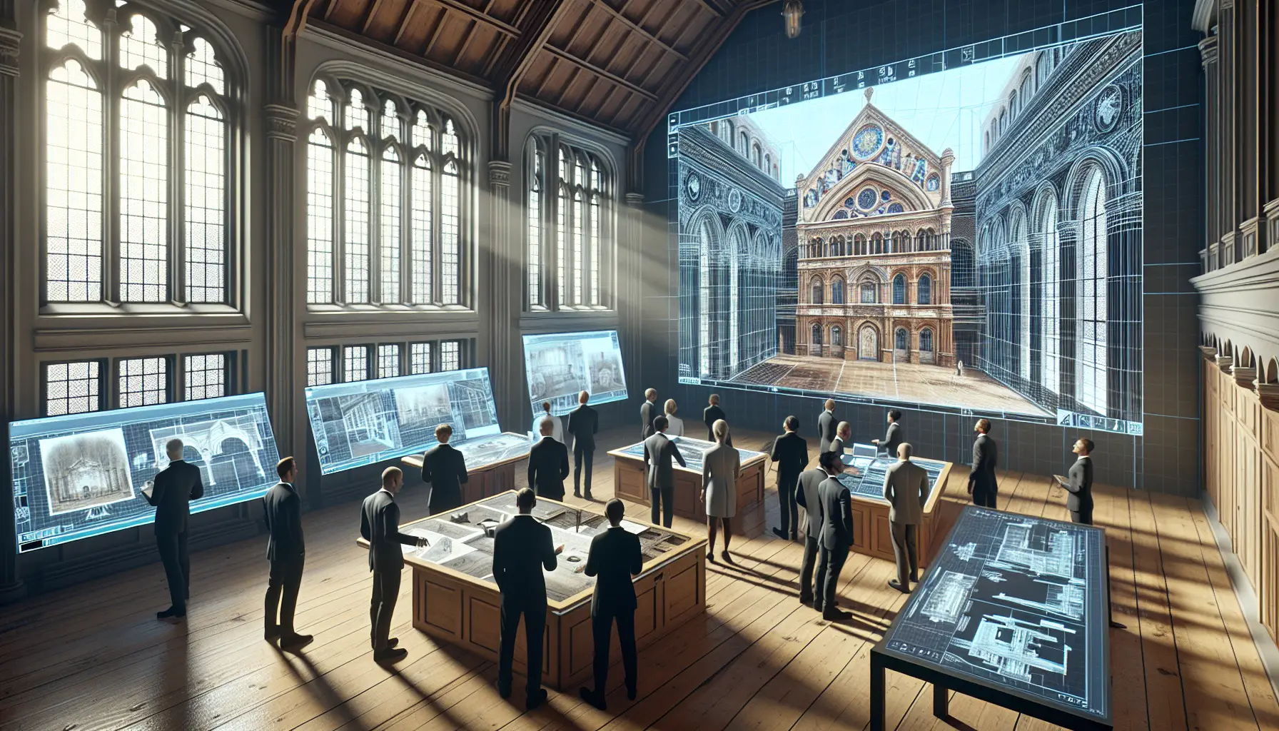 Illustration détaillée d'une équipe d'architectes et de conservateurs travaillant sur la restauration d'un bâtiment historique, entourée de modèles 3D et de interfaces holographiques, dans un espace de travail moderne avec lumière naturelle.