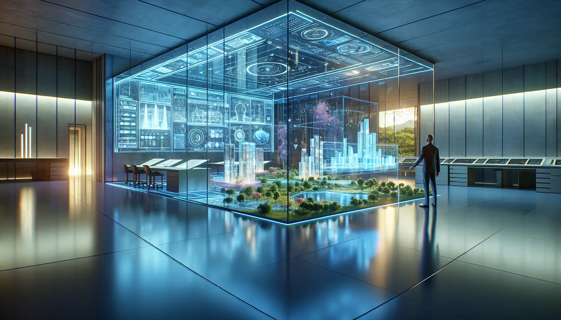 Espace de travail architectural futuriste avec interfaces holographiques et architecte interagissant avec des modèles 3D, mettant en valeur une ambiance moderne et une intégration de la nature.