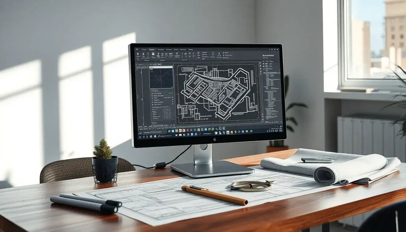 Espace de travail professionnel avec un écran affichant l'interface AutoCAD, accompagné d'outils de dessin, de plans et d'une ambiance moderne et lumineuse, mettant en avant le design architectural.