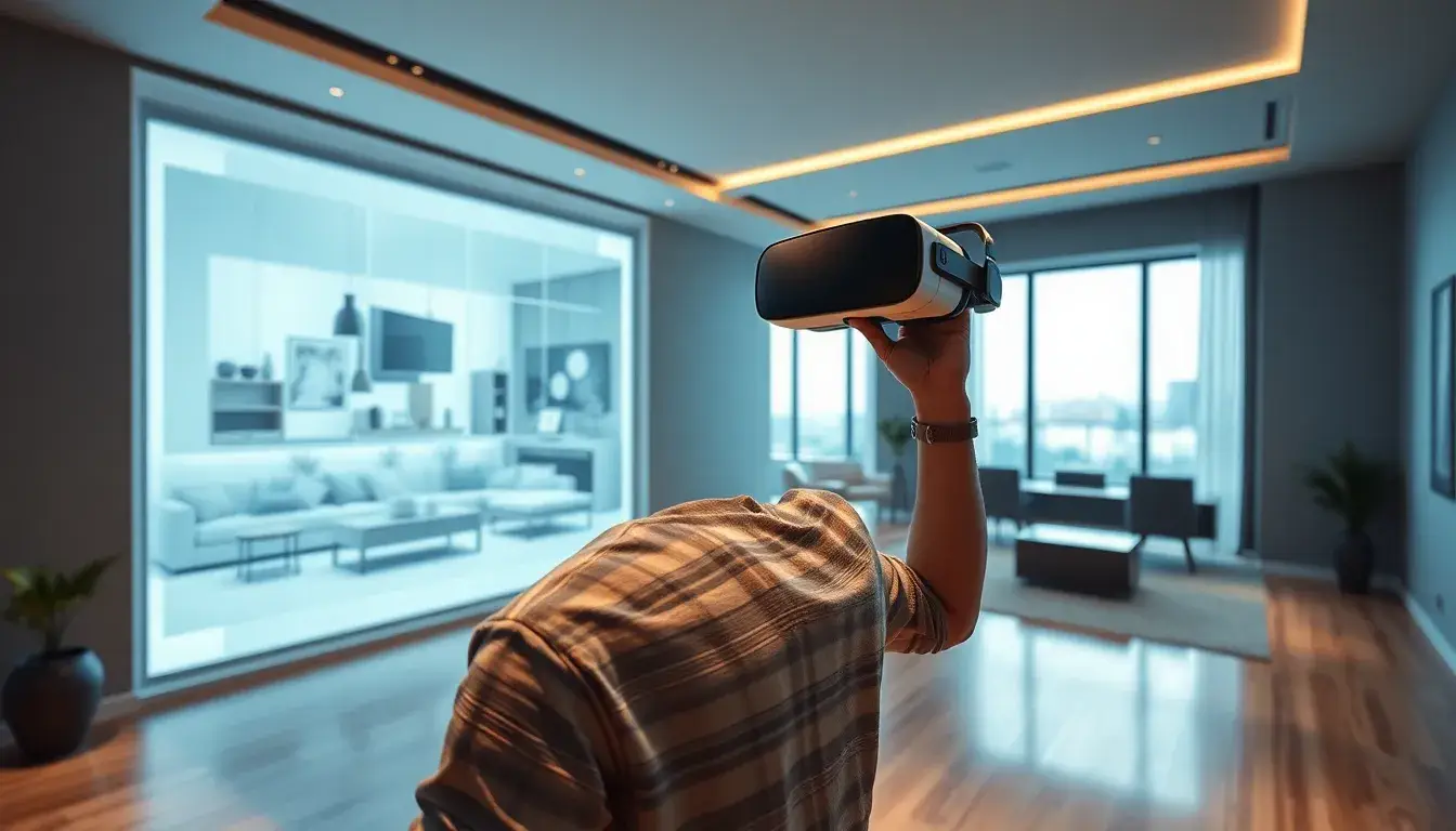 Personne en réalité virtuelle découvrant un appartement moderne et luxueux, avec une interface numérique montrant des éléments architecturaux et des options de mobilier, éclairé par une lumière naturelle douce.