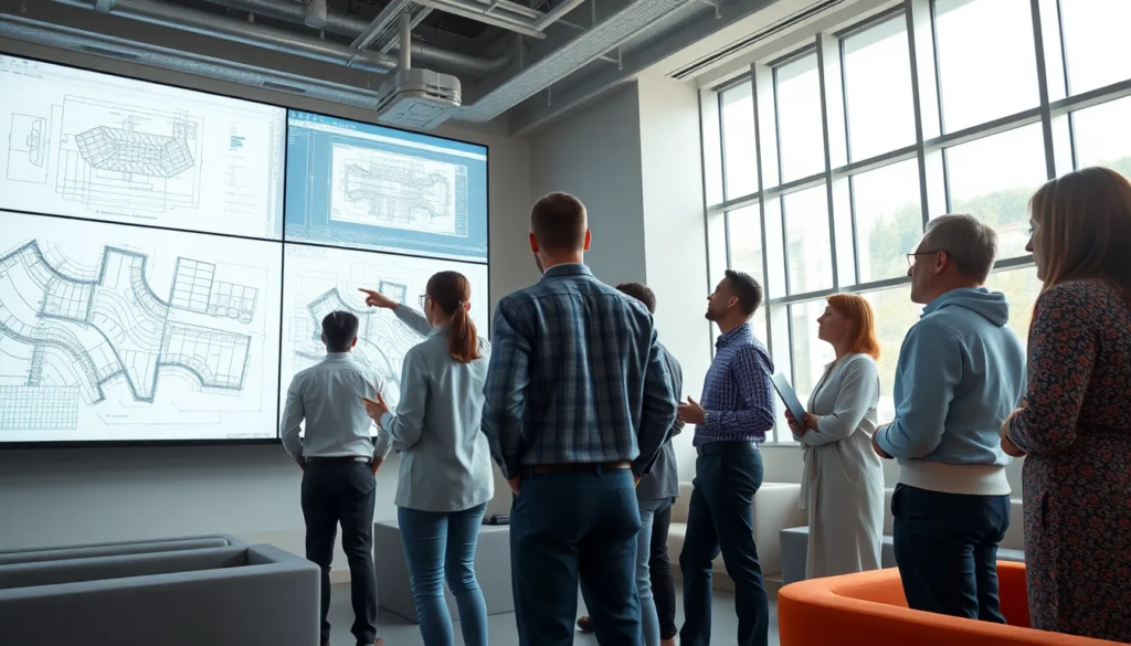 Un groupe divers d'architectes et d'ingénieurs collaborant dans un bureau futuriste lumineux, avec des écrans affichant des dessins techniques MEP sur AutoCAD, dans un environnement moderne et minimaliste.