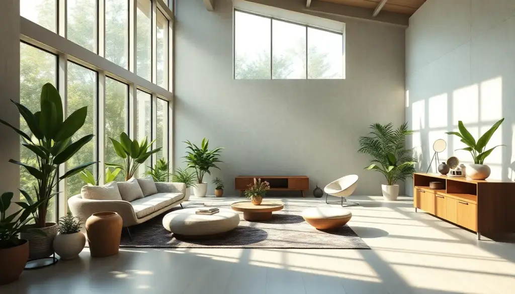 Rendu 3D hyper-réaliste d'un intérieur baigné de lumière naturelle, intégrant des éléments biophiliques comme des plantes et des matériaux durables, dans une ambiance moderne et minimaliste.