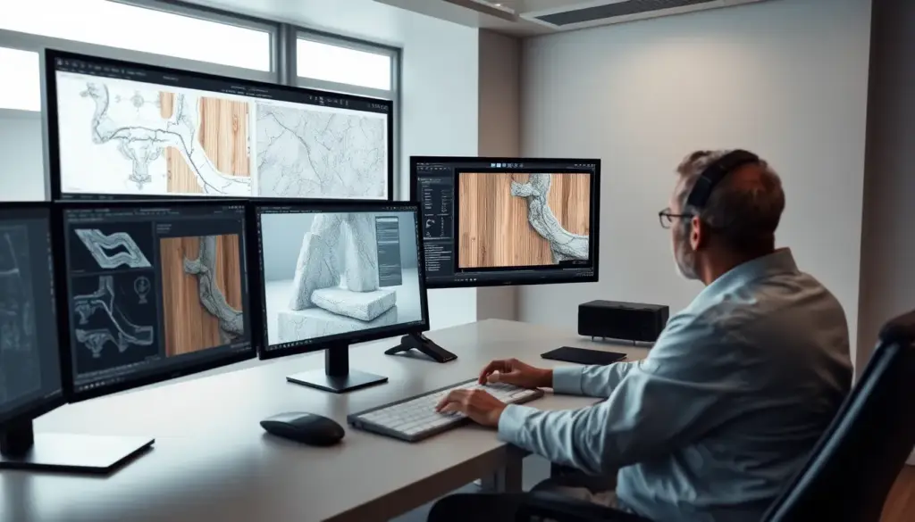 Bureau moderne d'un architecte utilisant AutoCAD pour analyser des plans DWG affichés sur de grands moniteurs, avec une ambiance minimaliste et des textures détaillées de matériaux comme le bois et la pierre.