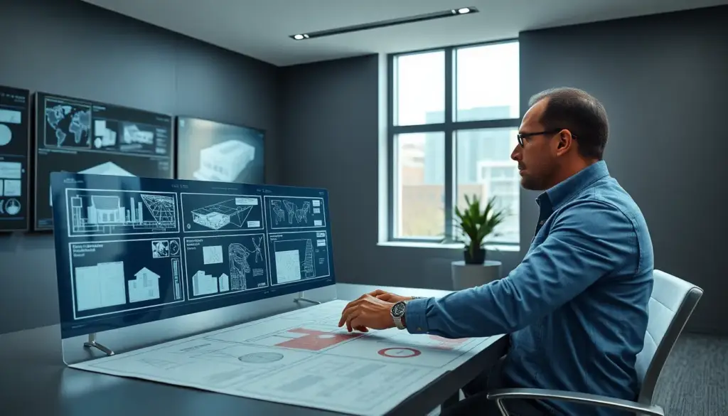 Architecte ou ingénieur travaillant sur des plans architecturaux sur une interface numérique dans un bureau moderne, illuminé par la lumière naturelle, avec des écrans muraux affichant des données graphiques.