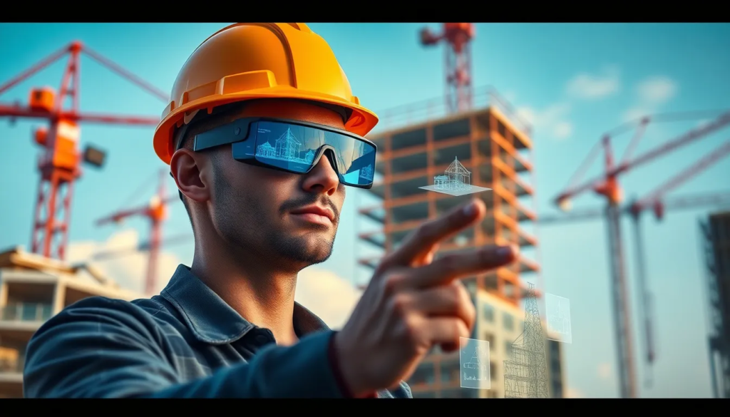 Un chantier de construction moderne avec un travailleur portant des lunettes Hololens, interagissant avec des plans holographiques et des modèles 3D d'un bâtiment, entouré de grues et d'échafaudages sous un ciel bleu.