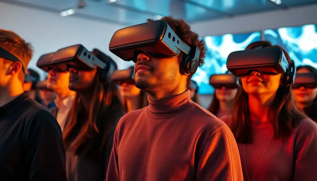 Groupe divers de personnes vivant une expérience de réalité virtuelle multi-sensorielle, entouré d'écrans haute définition, de haut-parleurs binauraux et de diffuseurs d'arômes, dans un environnement moderne et immersif.