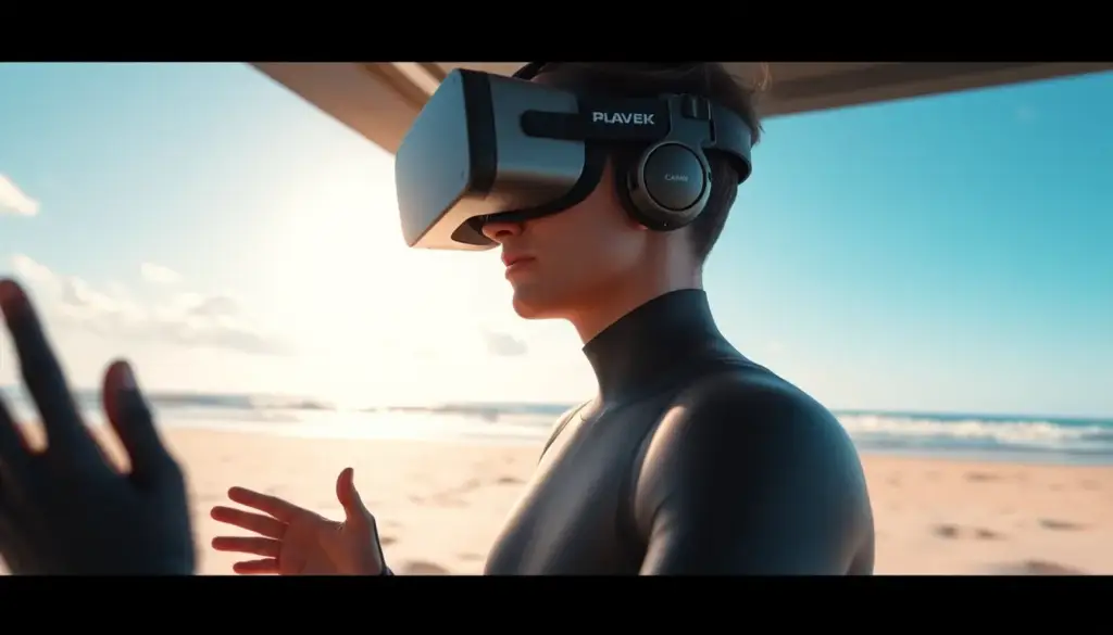 Personne portant des gants haptiques et une combinaison immersive dans un environnement de réalité virtuelle simulant une plage ensoleillée, avec des vagues réalistes et du sable doux, illustrant une expérience technologique avancée en apprentissage immersif ou en tourisme.