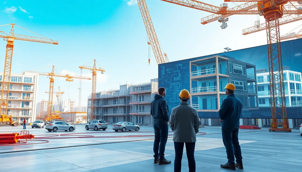 Chantier futuriste avec ingénieurs et architectes collaborant autour de logiciels de modélisation 3D, affichant des bâtiments modulaires en cours d'assemblage, sous un ciel bleu avec des textures lisses et une lumière diffuse.