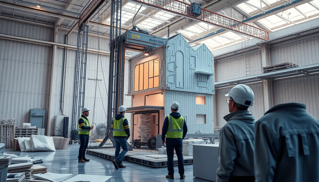 Chantier de construction futuriste utilisant la technologie d'impression 3D pour créer une maison à partir de matériaux en plastique recyclés, avec des ingénieurs en équipement de sécurité moderne et une ambiance lumineuse et durable.