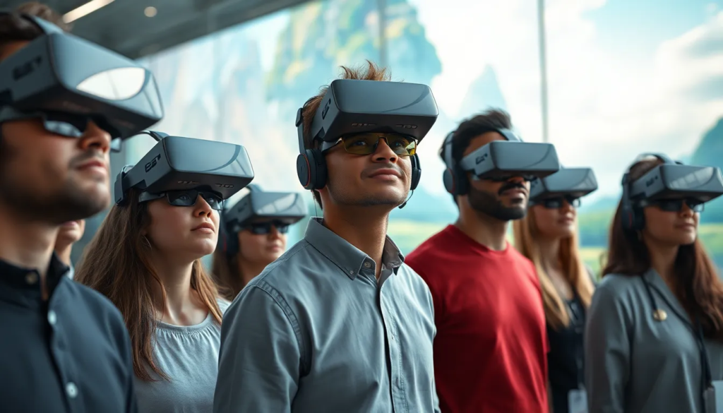 Groupe divers d'individus portant des casques de réalité virtuelle, engageant dans une expérience immersive multi-utilisateur entourée de paysages vibrants et d'éléments interactifs, illustrant la collaboration dans un environnement 3D futuriste mêlant nature et technologie.