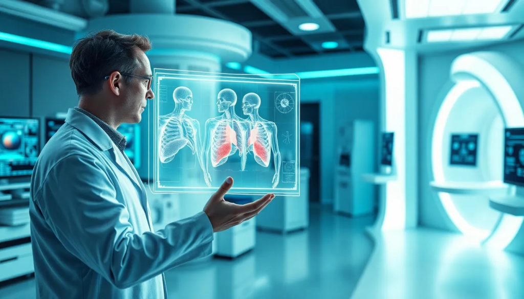Scène d'un laboratoire médical futuriste avec un chercheur en blouse blanche utilisant un affichage holographique pour visualiser des scans 3D d'organes humains, entouré de machines de scan high-tech et de lumières bleues et vertes, représentant une technologie avancée d'imagerie médicale.
