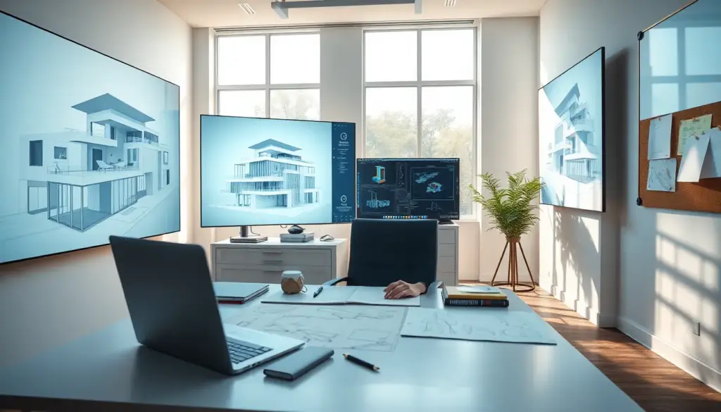 Un architecte travaillant dans un bureau moderne, entouré d'écrans affichant des modèles 3D et des designs architecturaux, avec des plans et un ordinateur portable sur le bureau, dans une ambiance collaborative et innovante.