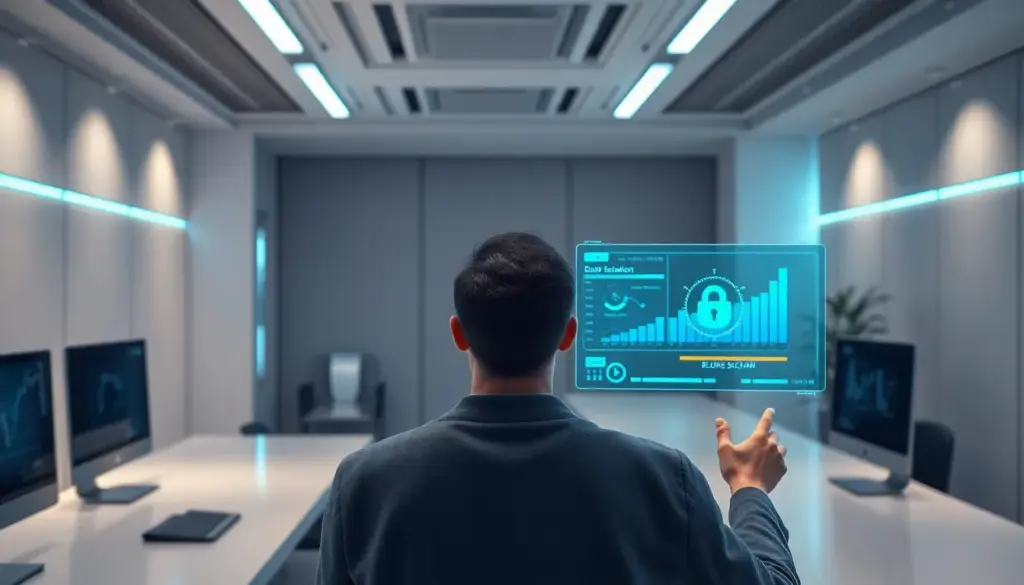 Personne dans un bureau futuriste utilisant des interfaces holographiques pour interagir avec des données blockchain, accompagné de graphiques numériques et de symboles de sécurité, dans une ambiance high-tech avec des lumières bleues et vertes.