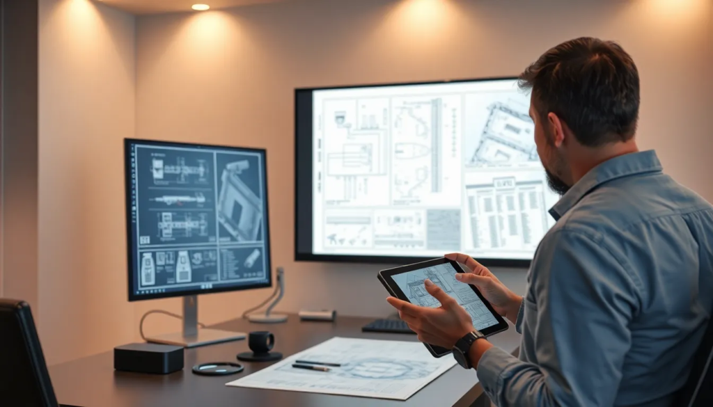 Bureau moderne avec un architecte analysant des plans DWG sur une tablette, entouré d'outils CAD comme AutoCAD, illustrant un système de sécurité intégré avec caméras et alarmes.