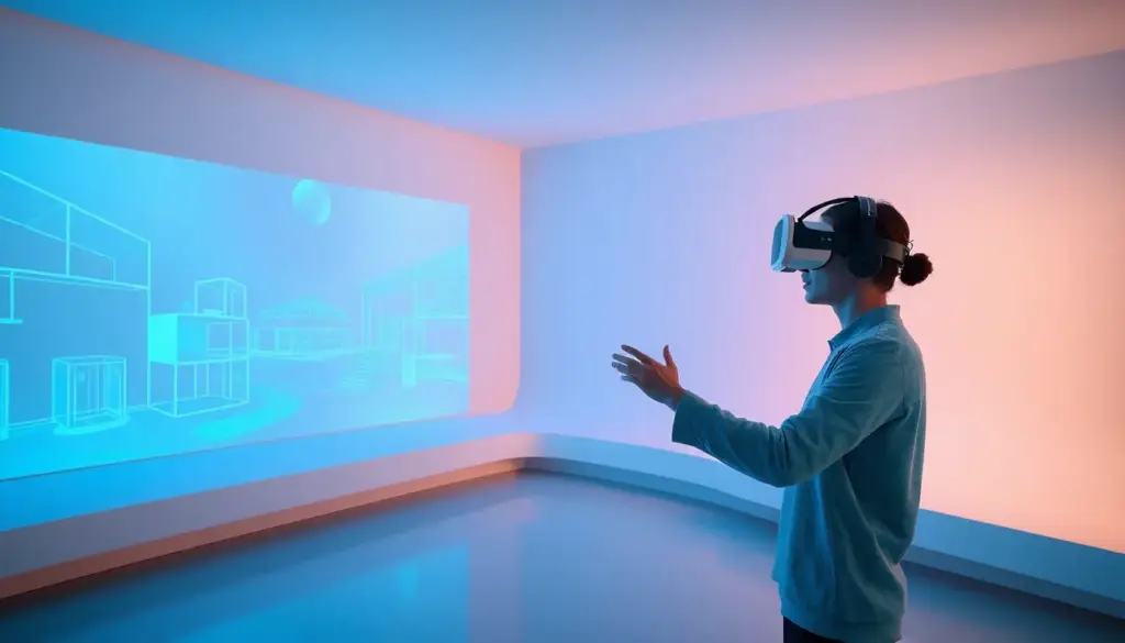 Un utilisateur en réalité virtuelle interagissant avec une interface 3D dans un environnement futuriste, avec des projections holographiques et un éclairage ambiant doux en bleu et vert.