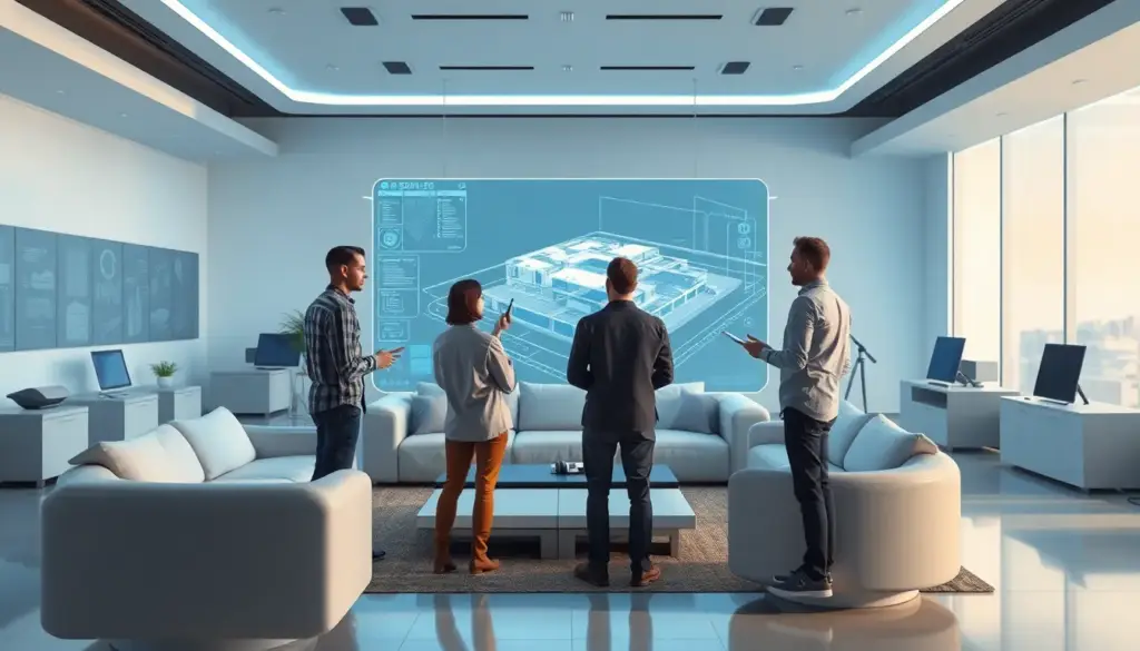 Espace collaboratif moderne avec des architectes et ingénieurs discutant d'un modèle 3D sur un affichage holographique, illumine par des lumières douces, mobilier futuriste et ambiance innovante.