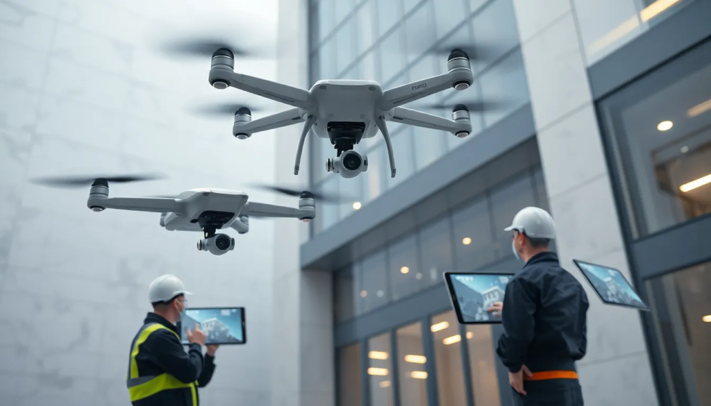 Inspection d'un bâtiment moderne avec un drone haute résolution, capturant des données en 3D, tandis que des inspecteurs en tenue professionnelle analysent les irrégularités et pathologies de la façade sur des tablettes.