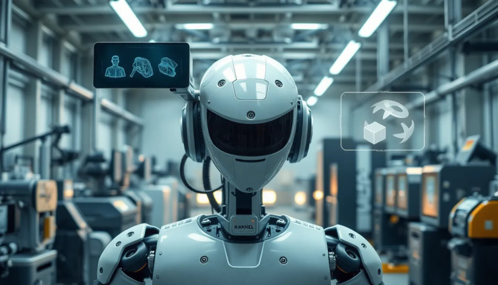 Robot industriel avancé équipé de caméras 3D et capteurs LiDAR, scannant l'environnement dans un cadre moderne avec des interfaces holographiques pour l'interaction humaine dans le processus automobile.