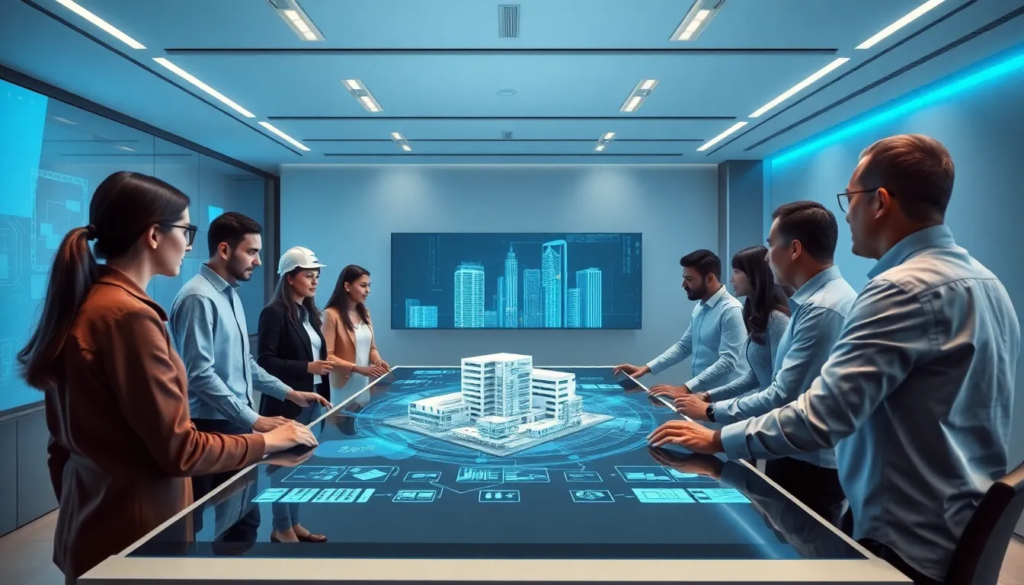 Scène hyper-réaliste d'une équipe diversifiée d'architectes et d'ingénieurs dans un bureau de construction moderne, interagissant autour d'une table tactile affichant un modèle 3D de bâtiment et des outils de coordination BIM.