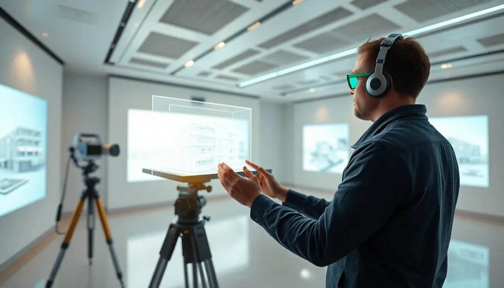 Un individu utilisant une technologie holographique avancée dans un environnement spacieux et moderne, interagissant avec un modèle 3D d'un bâtiment. Équipements de scan laser à proximité et murs digitaux affichant des designs architecturaux avec un éclairage bleu et vert.