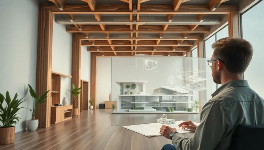 Un designer utilise un logiciel de modélisation 3D sur un écran holographique dans un studio architectural moderne présentant des éléments de design durable comme des poutres en bois et des matériaux recyclés. Fond avec des modèles de bâtiments innovants intégrant des panneaux solaires et des murs végétaux.