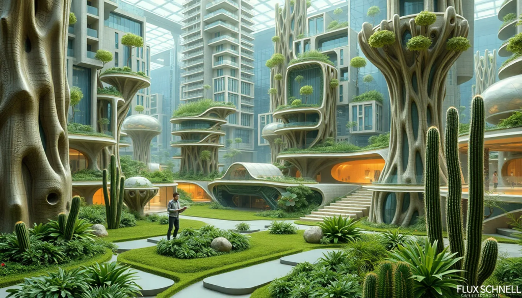 Une ville futuriste avec architecture bionique intégrée dans un environnement verdoyant, présentant des architectes et biologistes collaborant autour de modèles de design durables, avec des panneaux solaires et des formes inspirées de la nature.