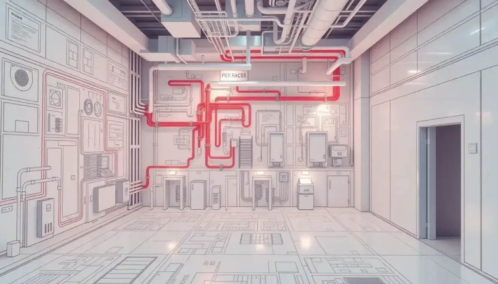 Dessin architectural détaillé des systèmes de sécurité incendie, incluant les zones d'alarme, les systèmes de contrôle de la fumée et les zones de compartimentage, représenté avec des schémas CAD dans un environnement moderne et high-tech.