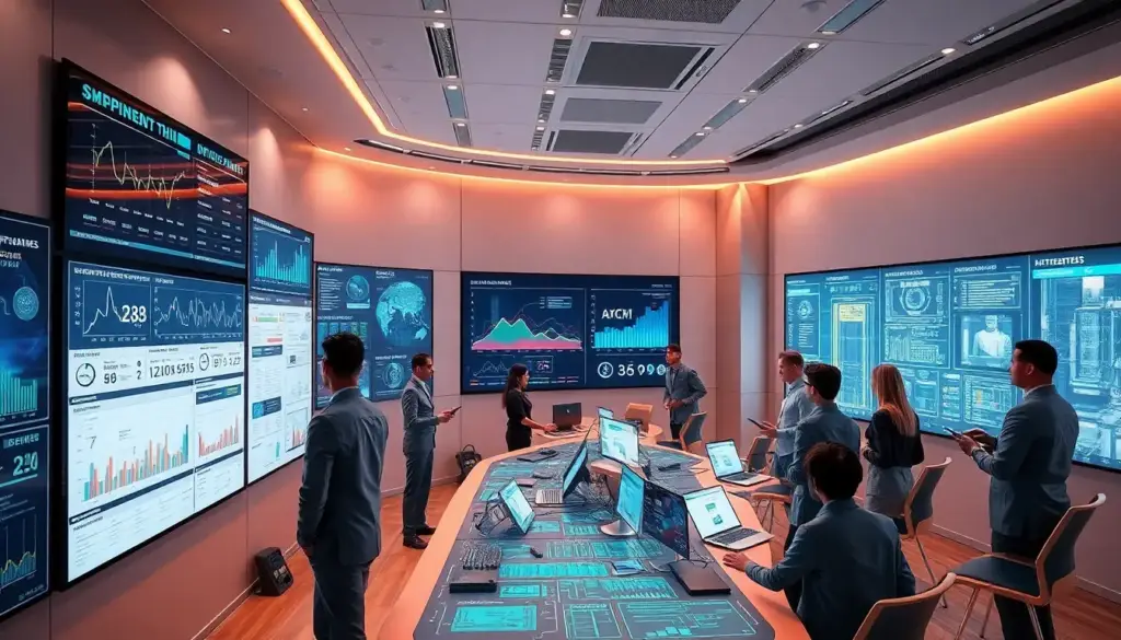 Salle de contrôle futuriste pour la gestion des bâtiments, avec des professionnels analysant des données en temps réel sur des écrans, utilisant des interfaces holographiques dans un environnement moderne et accueillant.