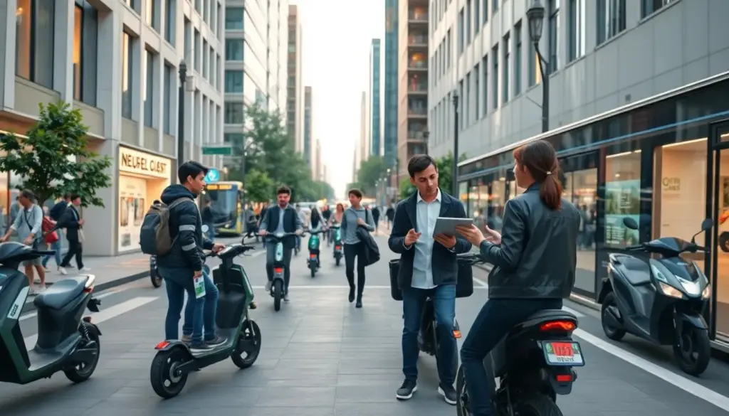 Scène urbaine animée montrant des citoyens utilisant des solutions de mobilité intelligente, comme des scooters électriques et des systèmes de transports publics, avec des écrans numériques affichant des données de transport en temps réel, le tout dans un cadre moderne et durable.