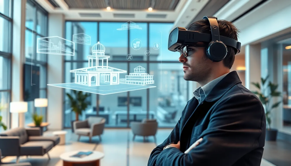 Un architecte moderne portant un casque dans un bureau futuriste. Il utilise une interface holographique pour visualiser des conceptions architecturales, avec des plans numériques transparents et des modèles 3D flottant dans un environnement lumineux et épuré.