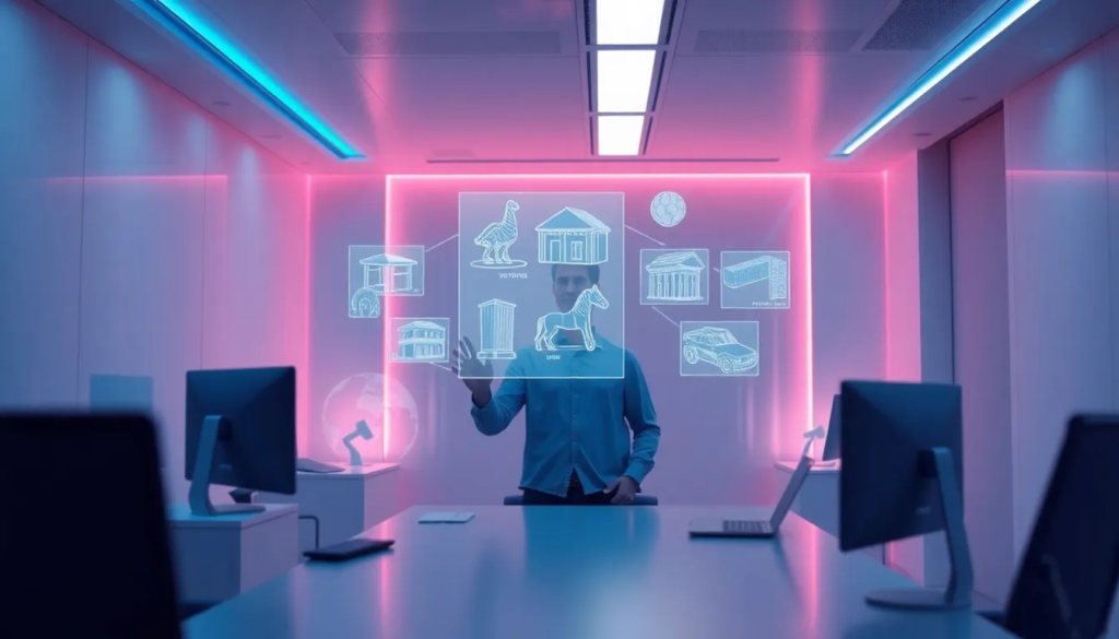 Environnement de bureau futuriste avec une personne interagissant avec des interfaces holographiques, entourée de modèles 3D en lévitation, éclairage bleu et rose, atmosphère moderne focalisée sur la collaboration en modélisation 3D.