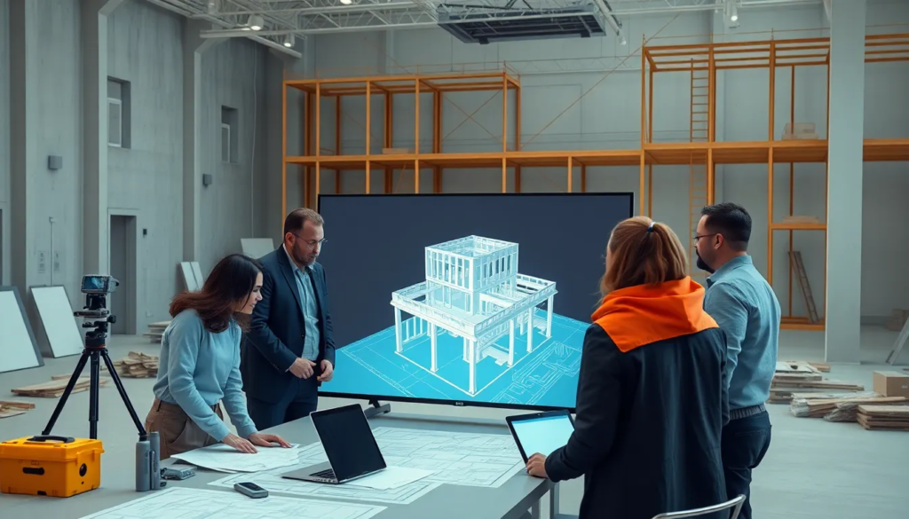 Scène d'un chantier de construction avec des professionnels divers collaborant autour d'un écran numérique affichant un scan 3D détaillé, équipements de scanning avancés et plans d'architecte en arrière-plan.