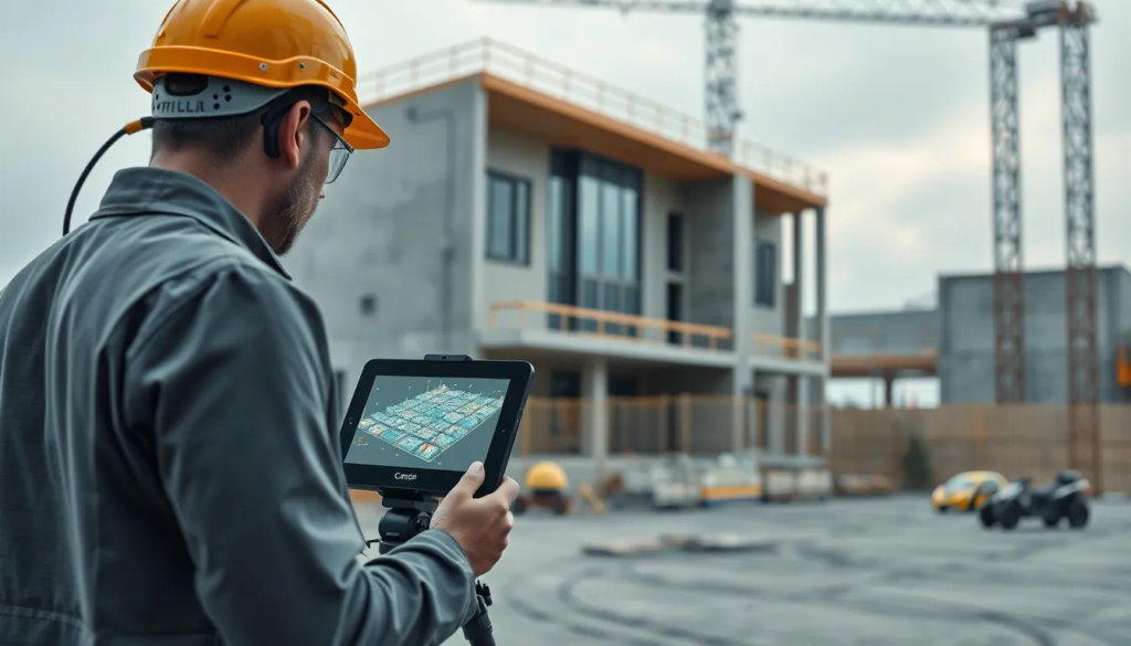 Un chantier de construction avec un scan 3D en cours, un professionnel surveillant le processus, affichage numérique des nuages de points, et un bâtiment partiellement construit en arrière-plan.