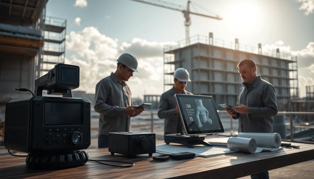 Chantier moderne présentant divers types de scanners 3D, y compris un scanner portable professionnel et un scanner industriel, avec des plans et des appareils numériques. Des ouvriers analysent les données de scan sur des tablettes, devant un bâtiment partiellement construit.