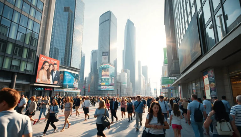 Une scène hyper-réaliste représentant un environnement urbain animé avec une foule diversifiée dans une place de ville moderne, sous un éclairage diffus et des bâtiments contemporains, capturant des interactions individuelles et le mouvement collectif.