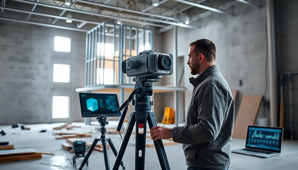 Un technicien calibrant un scanner 3D sur un site de construction bien éclairé, avec un appareil sur trépied, des outils de précisions et un ordinateur portable affichant des données de calibration, le tout dans une ambiance moderne et high-tech.