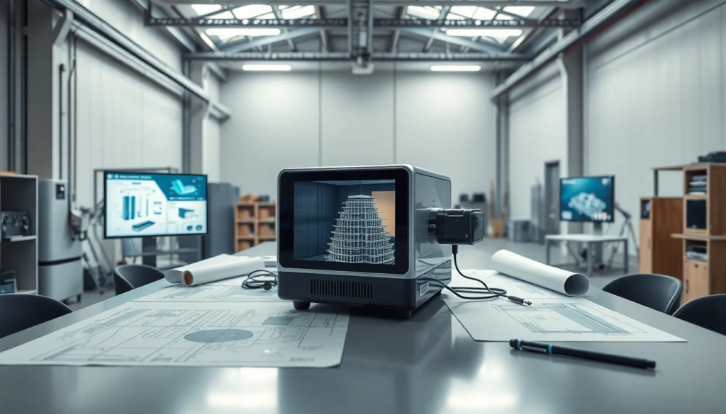 Architectes analysant les données d'un scanner 3D dans un environnement industriel moderne, entourés de plans et d'écrans affichant des graphiques BIM, illustrant l'utilisation d'outils précis pour vérifier la conformité aux normes ISO.