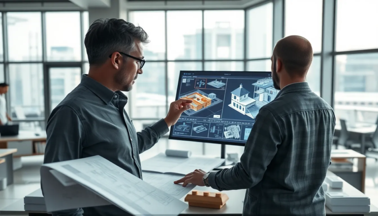 Architecte analysant des données de scan 3D et photogrammétrie sur un écran tactile dans un bureau moderne, entouré de plans et de modèles architecturaux, avec une lumière naturelle abondante.