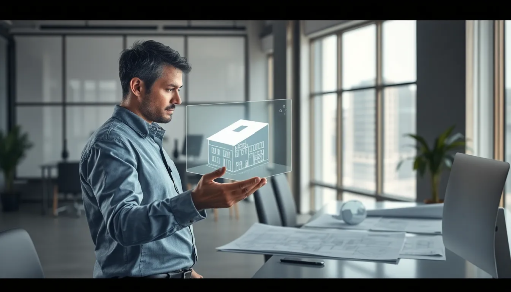 Architecte analysant un modèle 3D sur une interface holographique dans un bureau contemporain, entouré de plans et de designs architecturaux, avec une lumière naturelle provenant de grandes fenêtres.