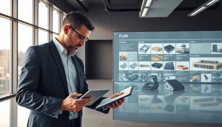 Un architecte professionnel travaillant dans un bureau moderne, examinant des scanners 3D sur une interface digitale transparente, avec un intérieur minimaliste et lumineux.
