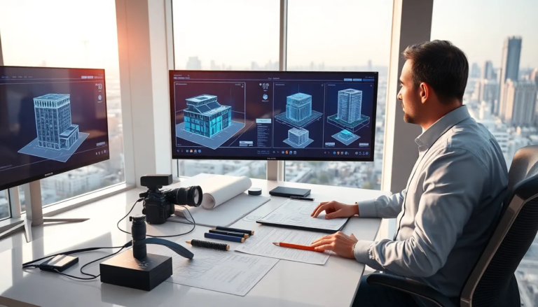 Un architecte dans un bureau moderne lumineux, entouré de grands écrans affichant des scans 3D de bâtiments et d'interfaces holographiques pour l'édition de données, avec du matériel de scan sur un bureau minimaliste et des plans architecturaux étalés.
