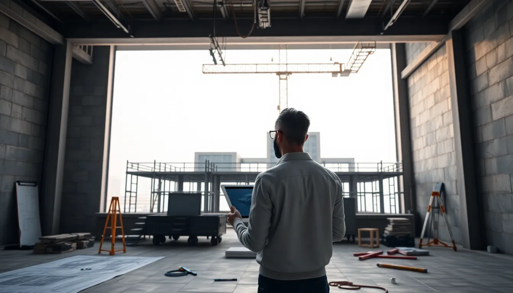 Un architecte devant un grand scanner 3D sur un chantier bien éclairé, examinant un modèle numérique sur une tablette, entouré de plans et d'outils de mesure, avec une structure partiellement construite à l'arrière-plan, illustrant l'importance de la précision dans le scan de construction.