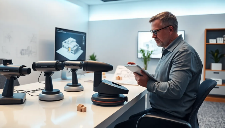 Intérieur moderne d'un bureau d'architecte avec des scanners 3D sur un bureau organisé, un architecte mature avec des lunettes analysant des modèles 3D sur un grand écran, entouré de croquis et de maquettes architecturales, éclairage bleu et blanc doux.