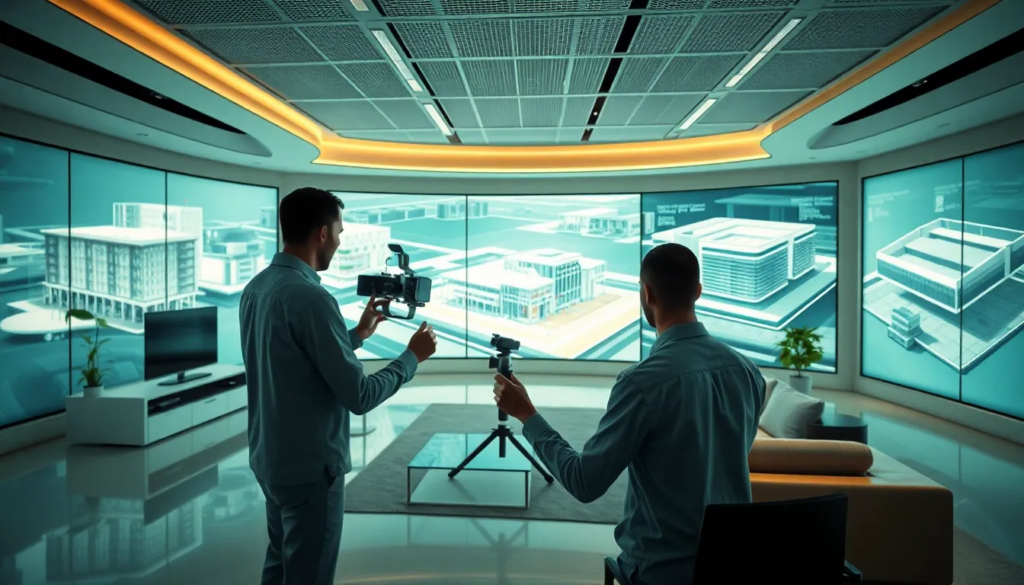 Bureau architectural futuriste avec une personne utilisant un scanner 3D pour capturer des modèles de bâtiments, affichant des données de nuages de points et des modèles BIM sur de grands écrans numériques. Ambiance moderne et lumineuse.