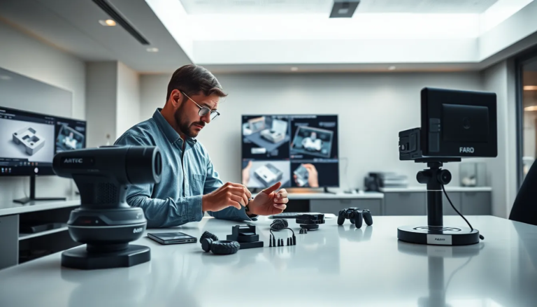 Professionnel dans un bureau architectural moderne, examinant des accessoires de scanners 3D sur un bureau épuré, avec un scanner Artec LEO et un scanner FARO® Focus S, entouré de technologie avancée et de modèles 3D affichés sur des écrans.