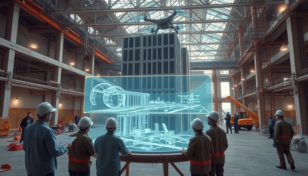 Un chantier de construction moderne où un scanner 3D capture des données d'un bâtiment, avec des ingénieurs et architectes collaborant autour d'affichages holographiques montrant des modèles 3D détaillés. Des drones survolent la zone pour prendre des images aériennes, illustrant la fusion de la technologie et des méthodes de construction traditionnelles.